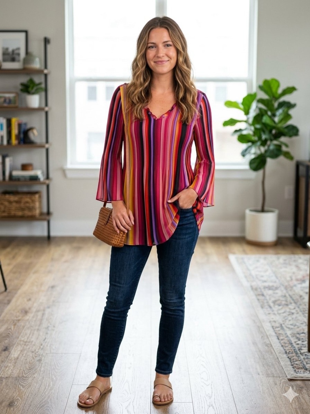 Allison Taylor Multicolor Striped V-Neck Bell Sleeve Tunic - Pink & Gold Accents